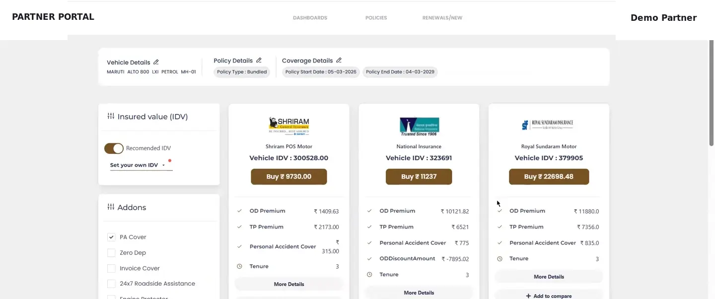 Anonymised supported insurer quote comparison journey